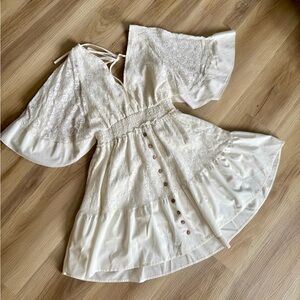 White Lace Boho Mini Dress with Bell Sleeves